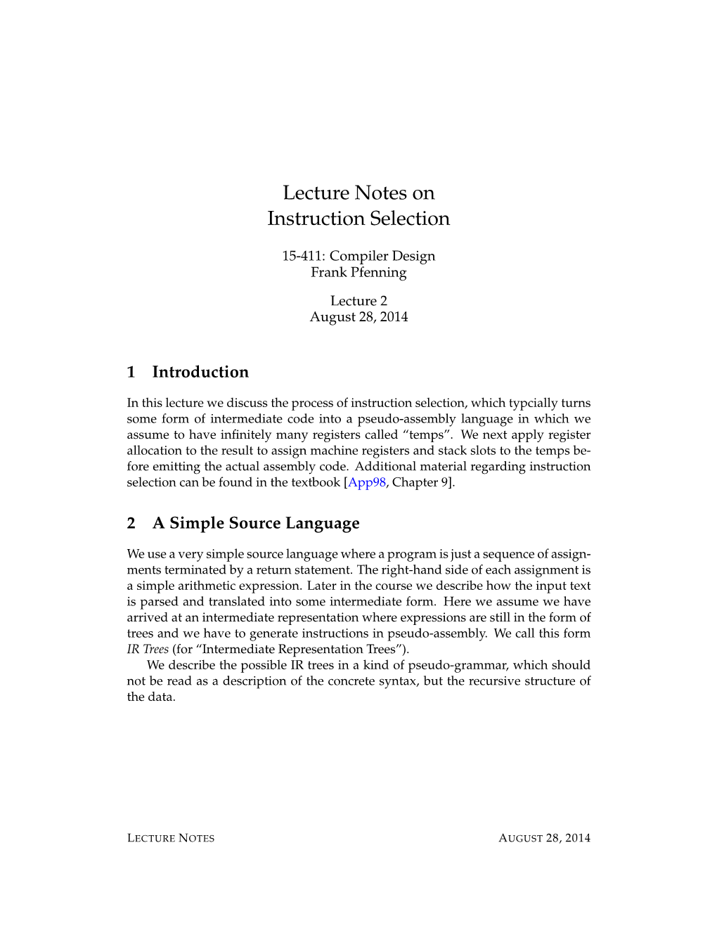Lecture Notes on Instruction Selection