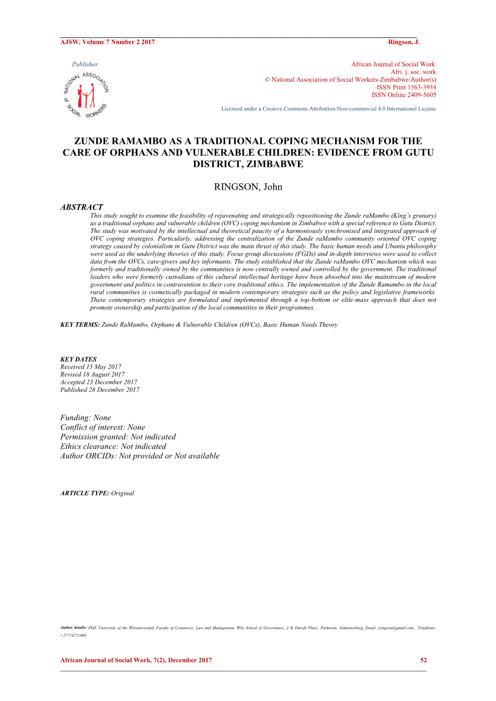 Zunde Ramambo As a Traditional Coping Mechanism for the Care of Orphans and Vulnerable Children: Evidence from Gutu District, Zimbabwe