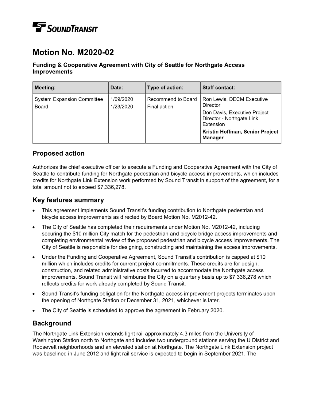 Motion No. M2020-02 Funding & Cooperative Agreement with City of Seattle for Northgate Access Improvements