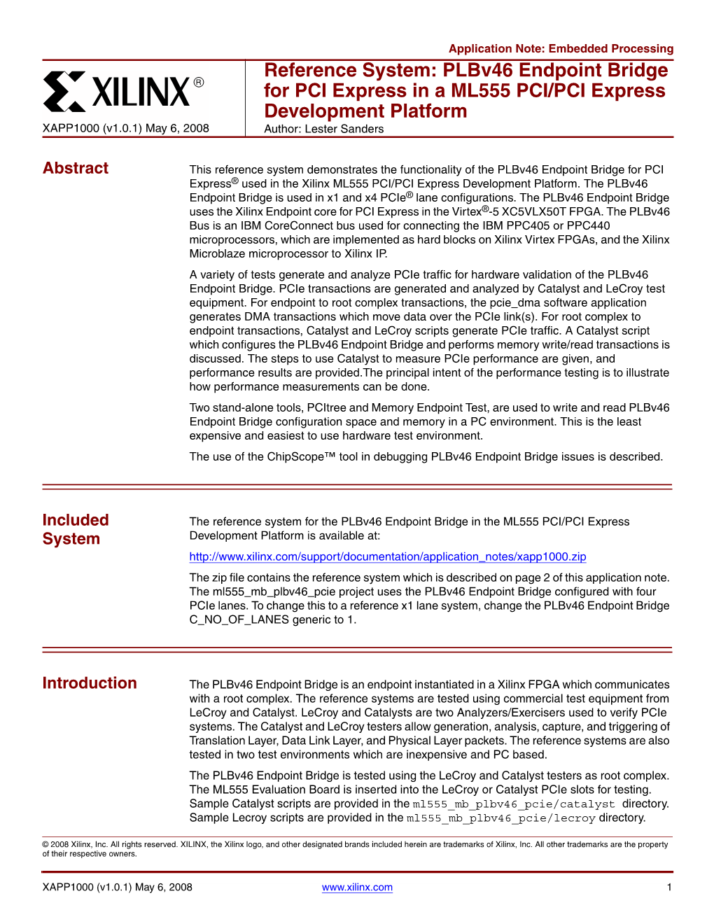 Xilinx XAPP1000: Reference System : Plbv46 PCI Express in a ML555