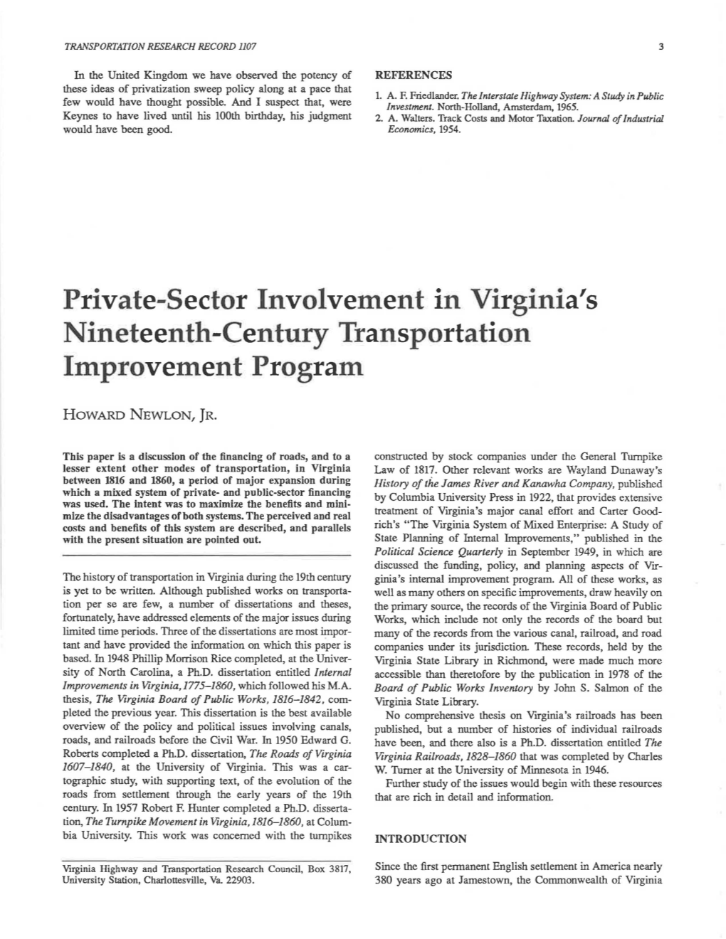 Private-Sector Involvement in Virginia's Nineteenth-Century Transportation Improvement Program