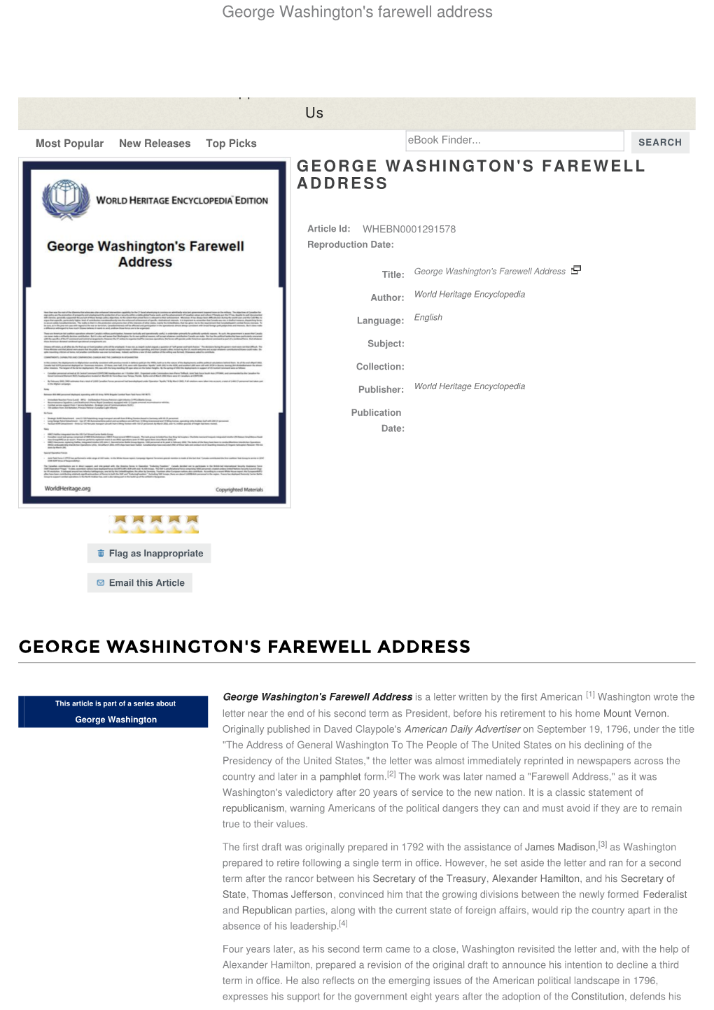 George Washington's Farewell Address My Account | Register | Help