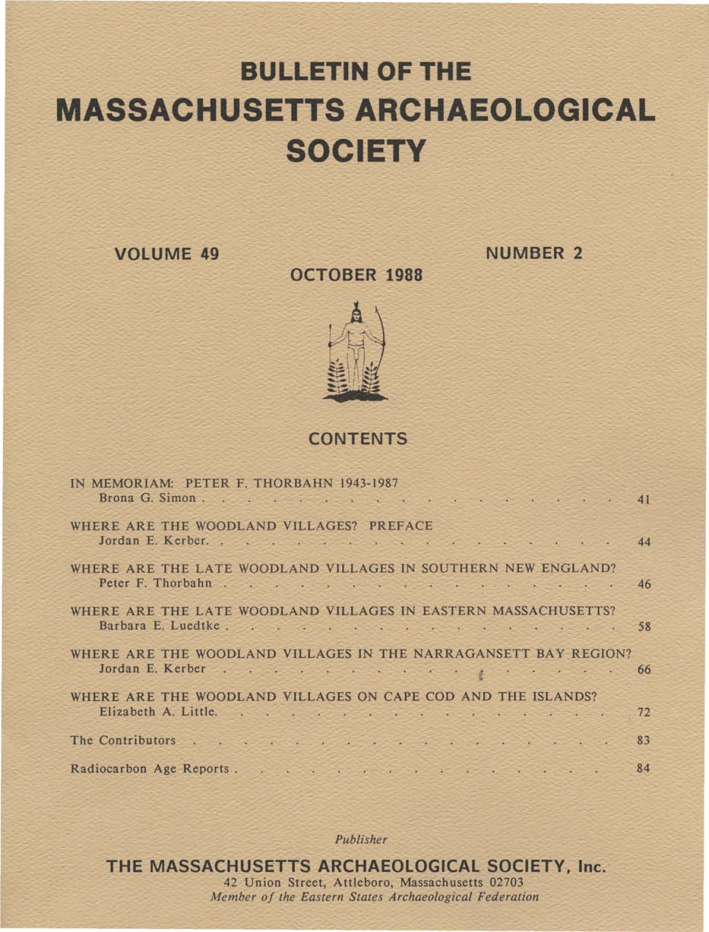 Bulletin of the Massachusetts Archaeological Society, Vol. 49, No