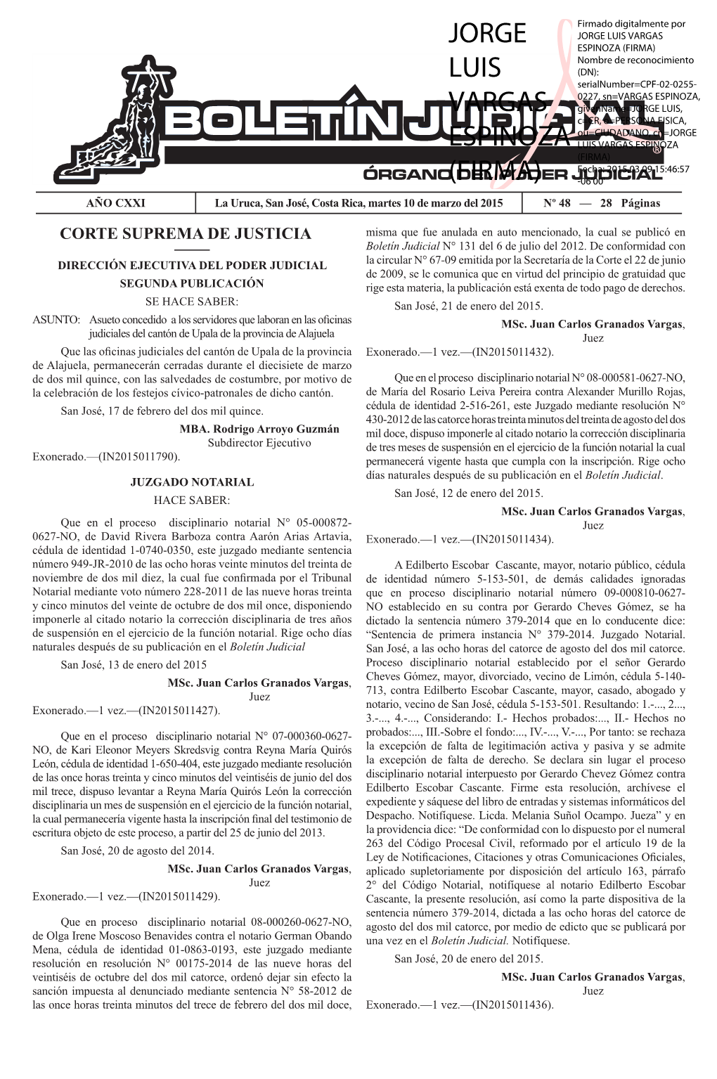 BOLETÍN JUDICIAL N° 48 De La Fecha 10 03 2015