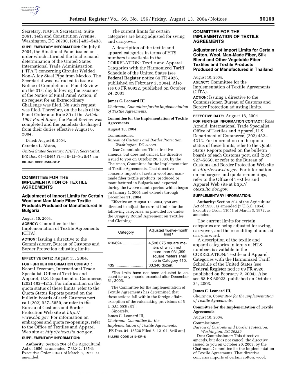 Federal Register/Vol. 69, No. 156/Friday, August 13, 2004/Notices