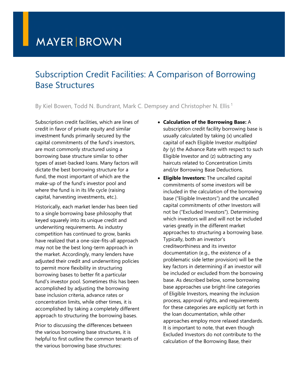 Subscription Credit Facilities: a Comparison of Borrowing Base Structures