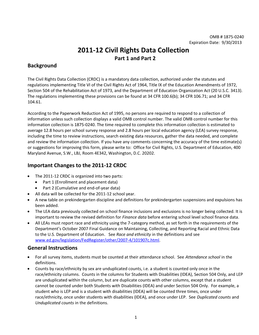 2011-12 Civil Rights Data Collection: Part 1 and Part 2 (MS Word)