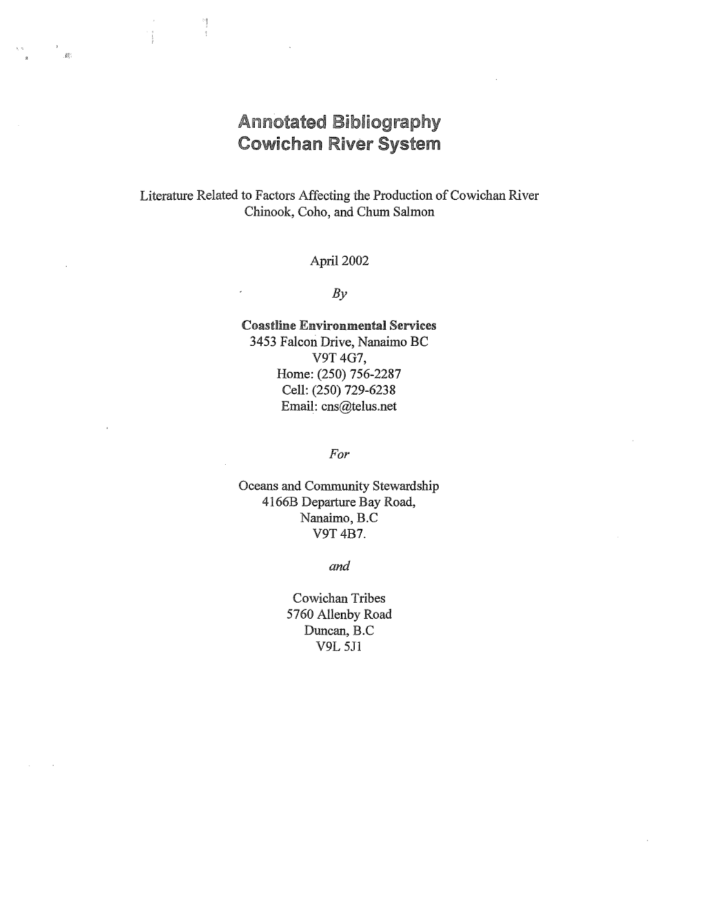 Annotated Bibliography Cowichan River System