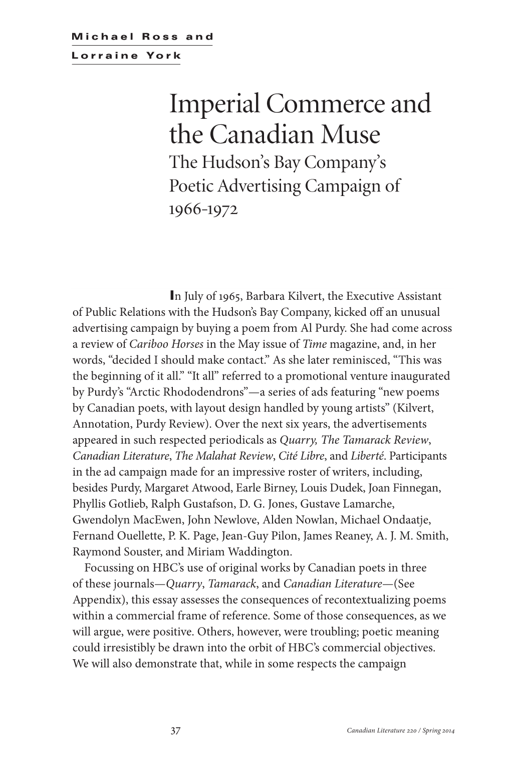 Imperial Commerce and the Canadian Muse the Hudson’S Bay Company’S Poetic Advertising Campaign of 1966–1972