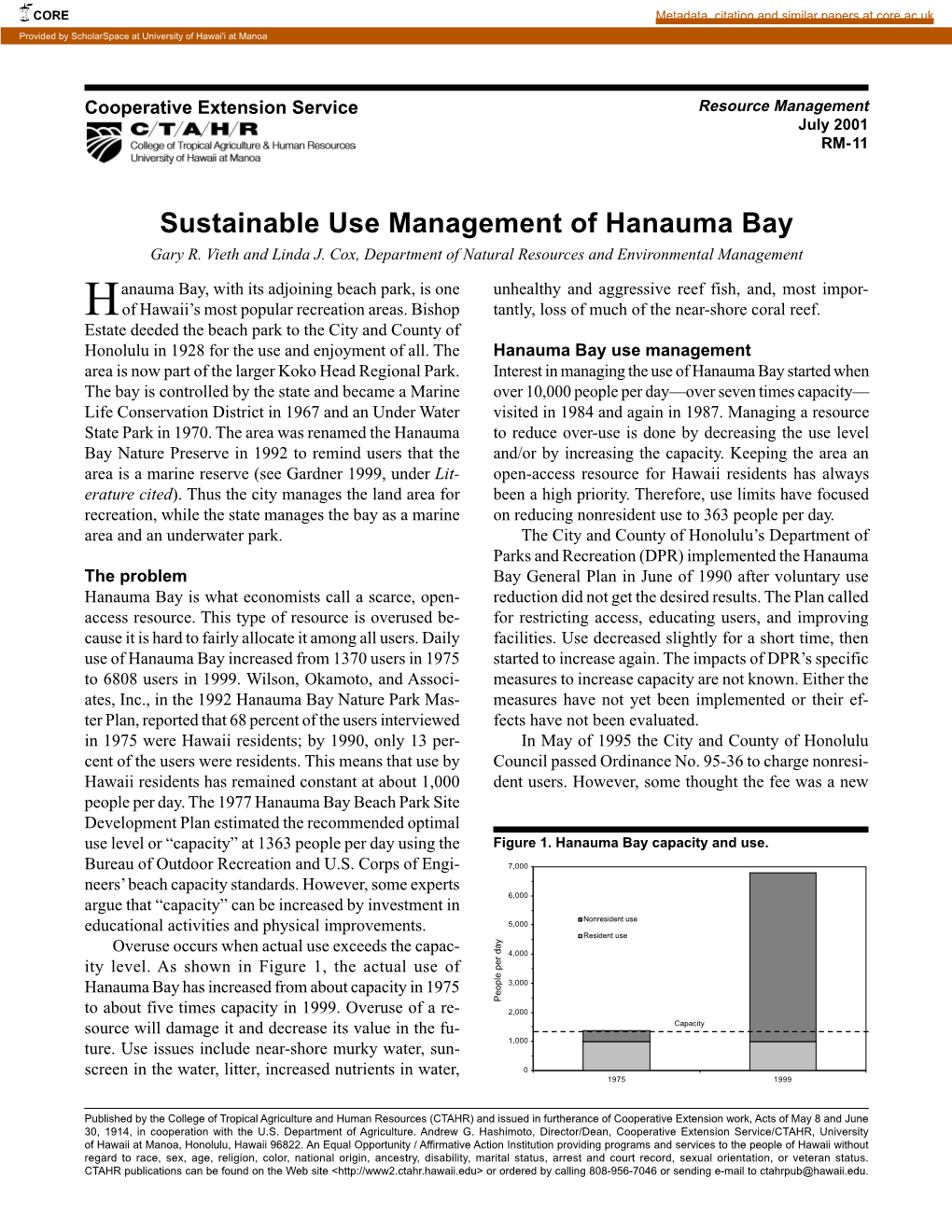 Sustainable Use Management of Hanauma Bay Gary R