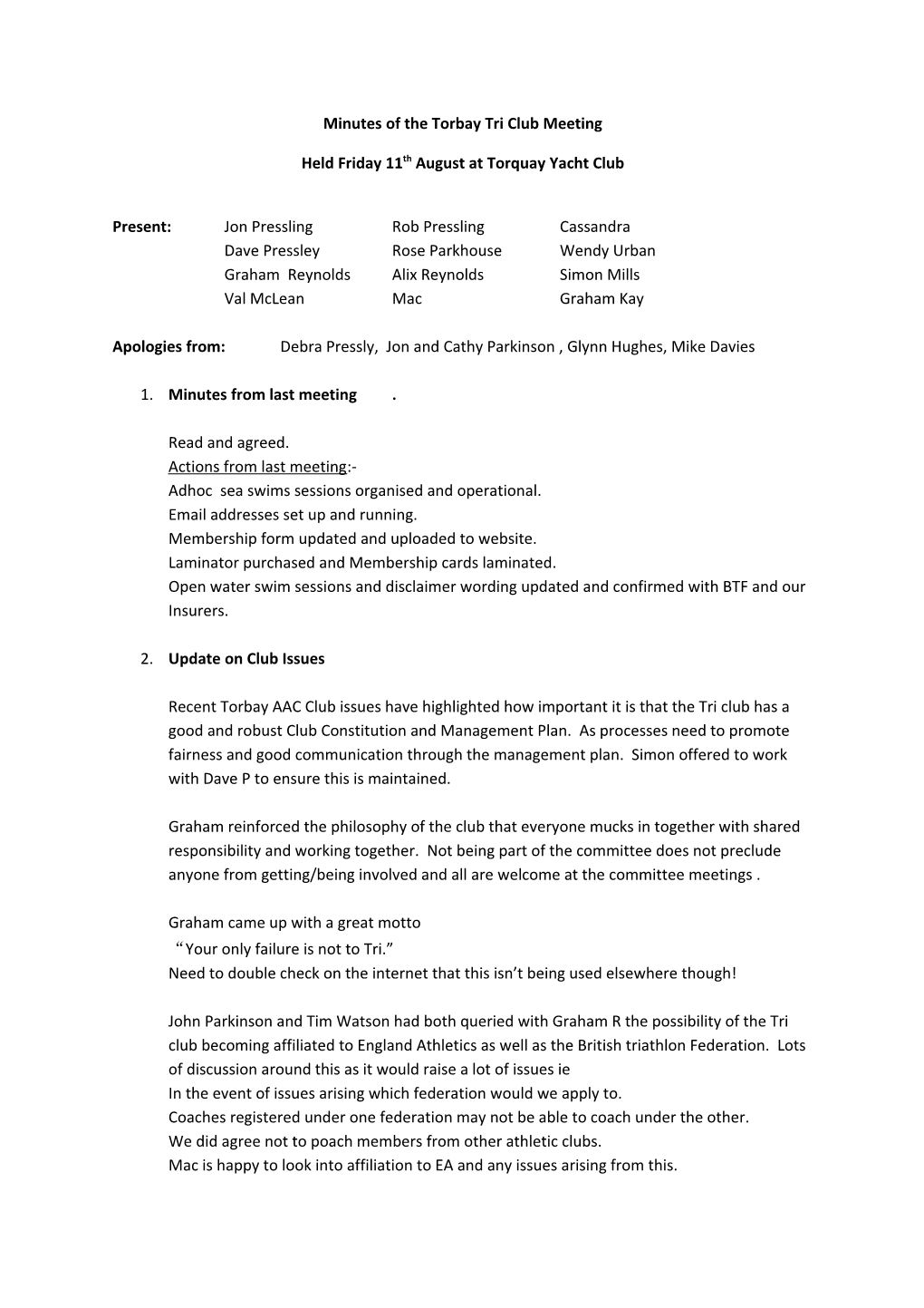 Minutes of the Torbay Tri Club Meeting