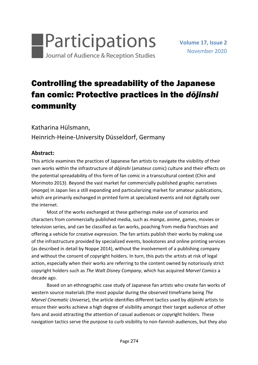 Controlling the Spreadability of the Japanese Fan Comic: Protective Practices in the Dōjinshi Community