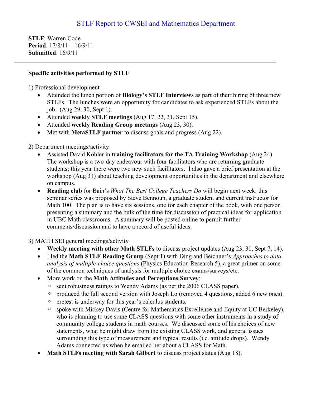 Report to CWSEI from Department of Mathematics