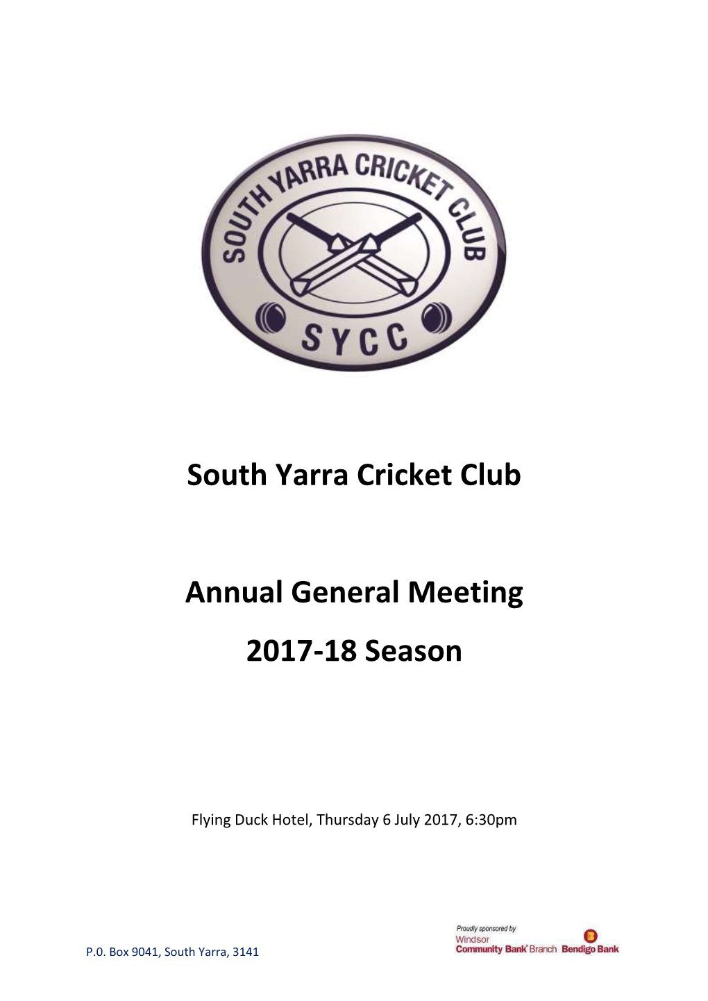 South Yarra Cricket Club Annual General Meeting 2017-18 Season