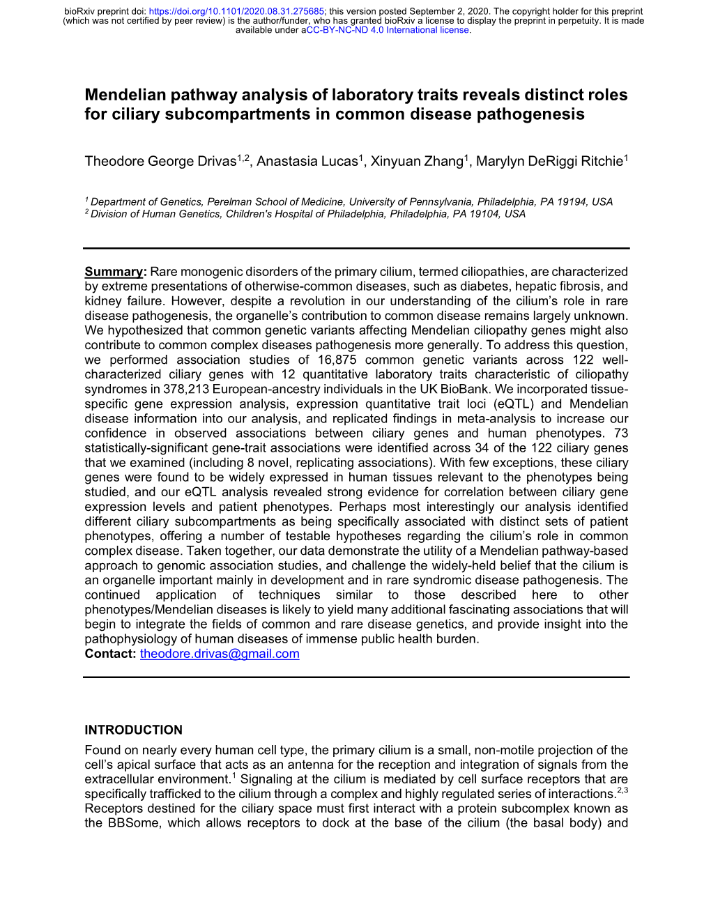 Mendelian Pathway Analysis of Laboratory Traits Reveals Distinct Roles for Ciliary Subcompartments in Common Disease Pathogenesis