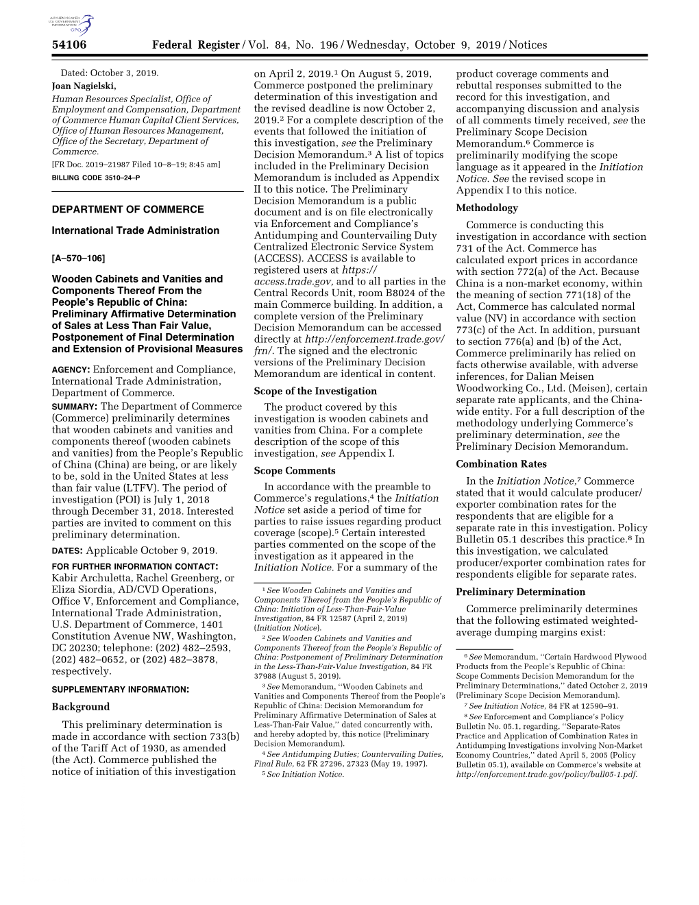 Federal Register/Vol. 84, No. 196/Wednesday, October 9, 2019/Notices