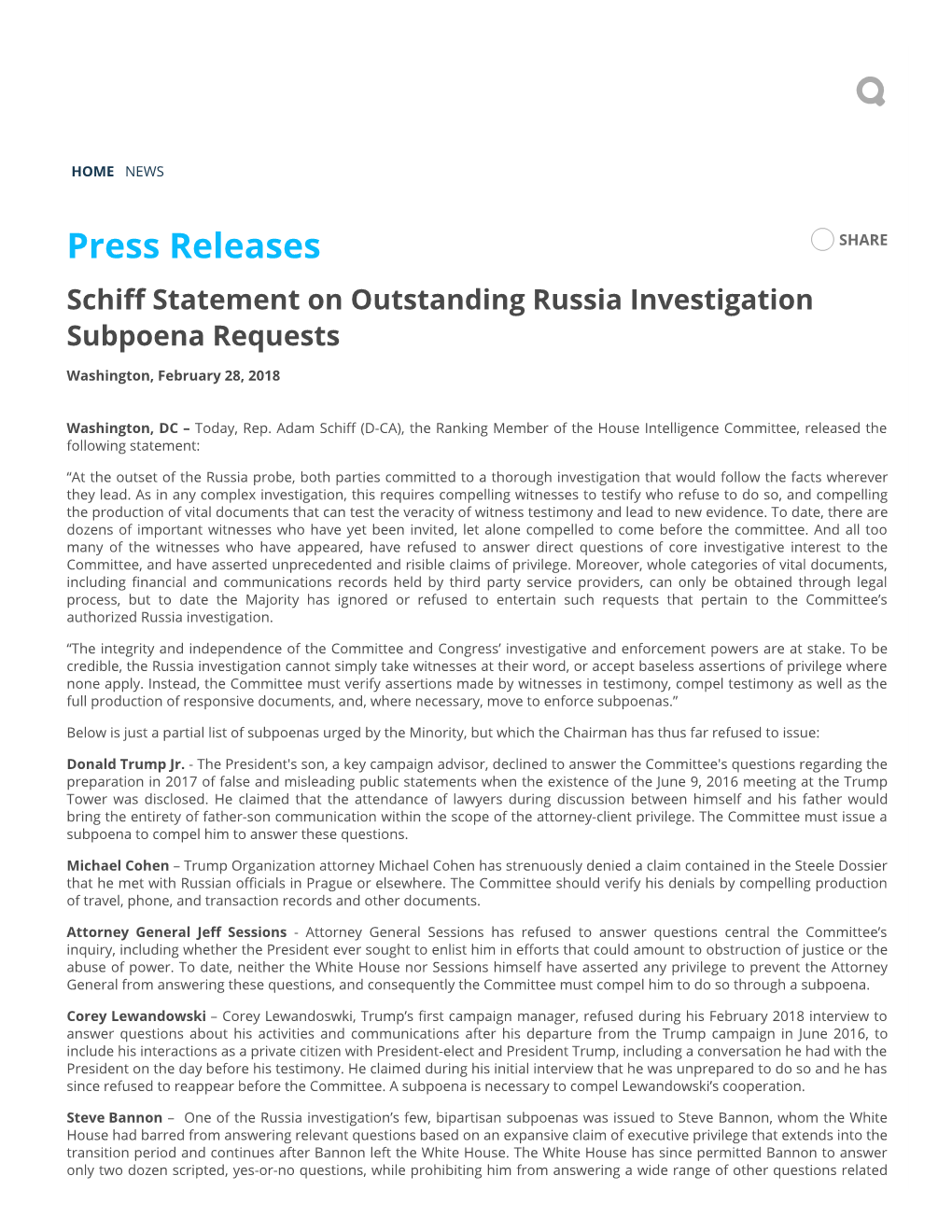 Press Releases SHARE Schi� Statement on Outstanding Russia Investigation Subpoena Requests