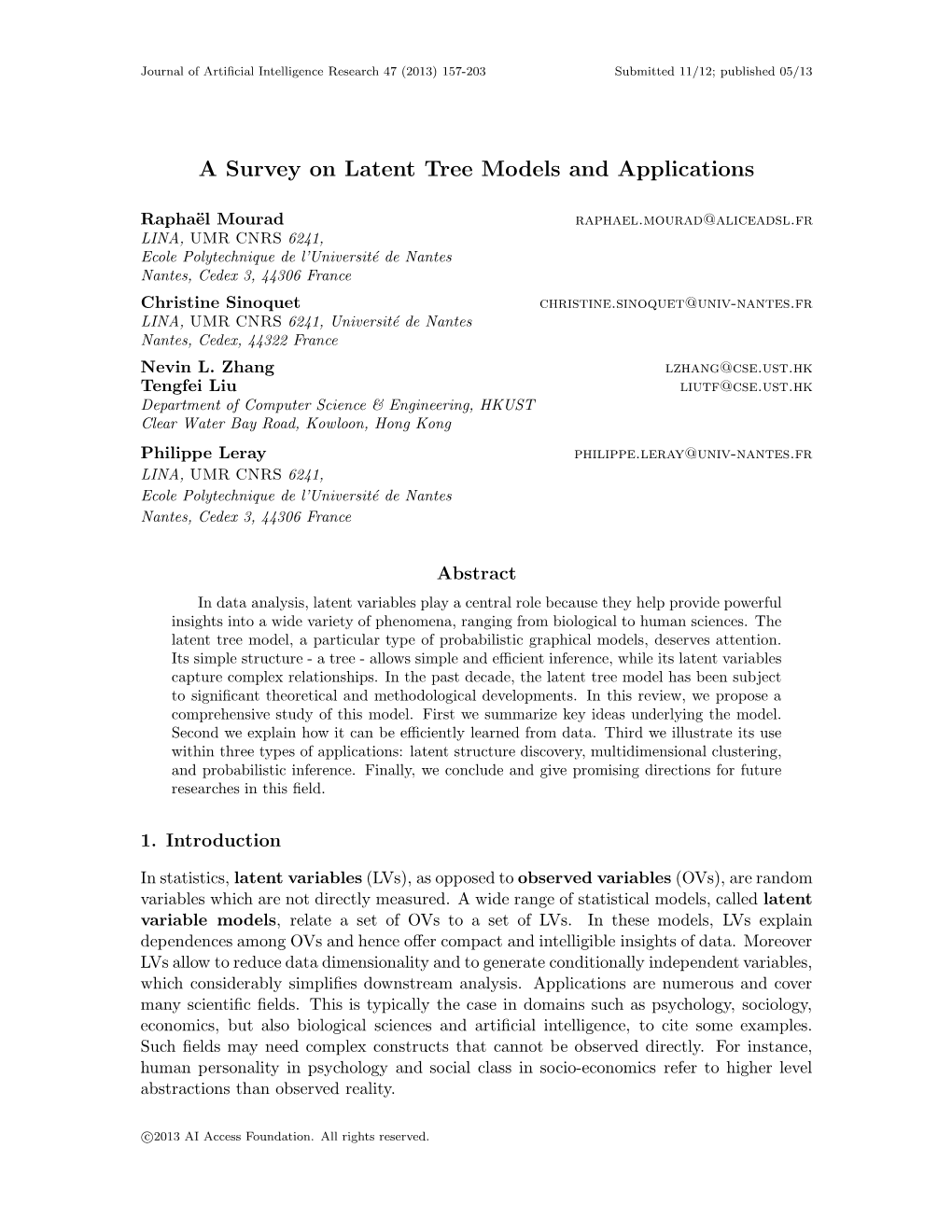 A Survey on Latent Tree Models and Applications