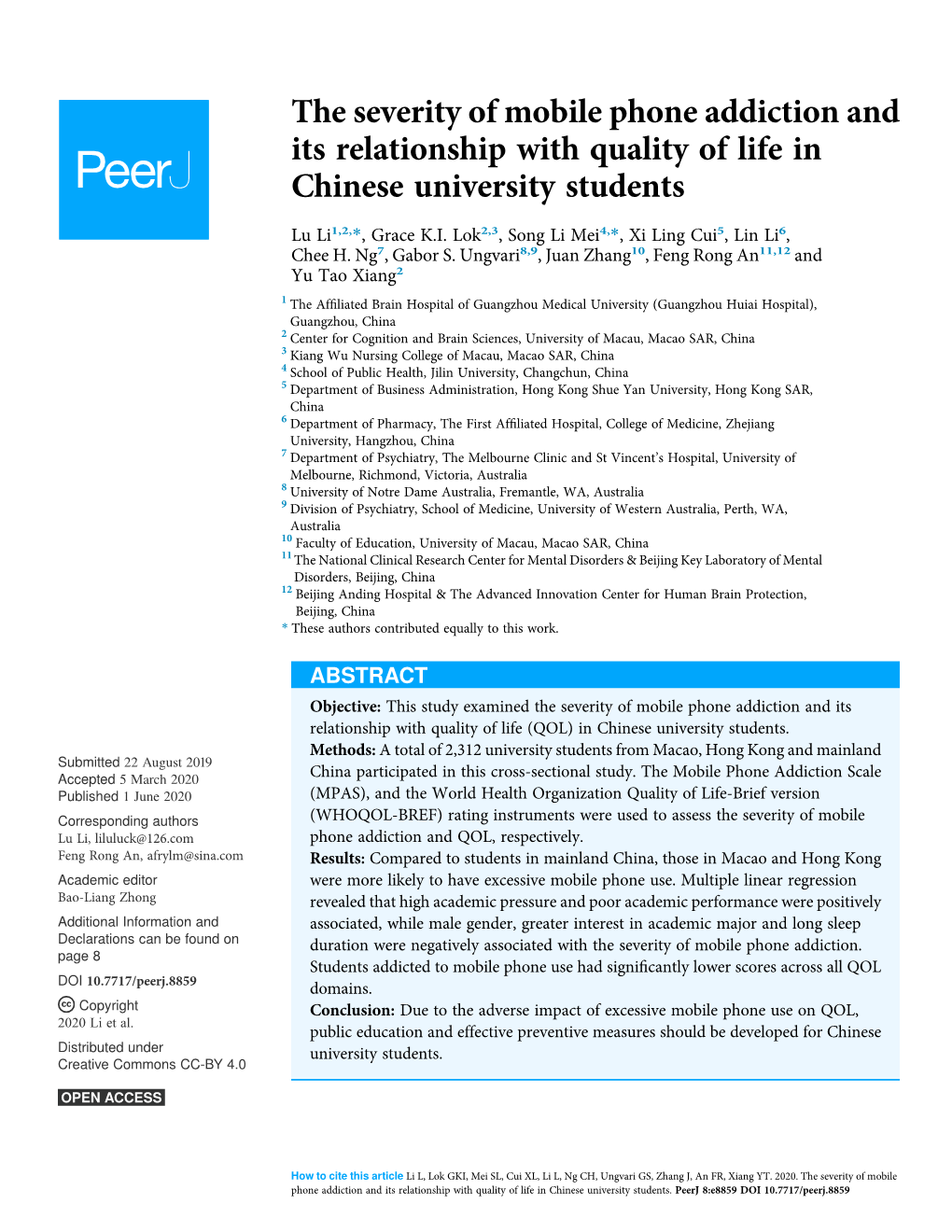 The Severity of Mobile Phone Addiction and Its Relationship with Quality of Life in Chinese University Students