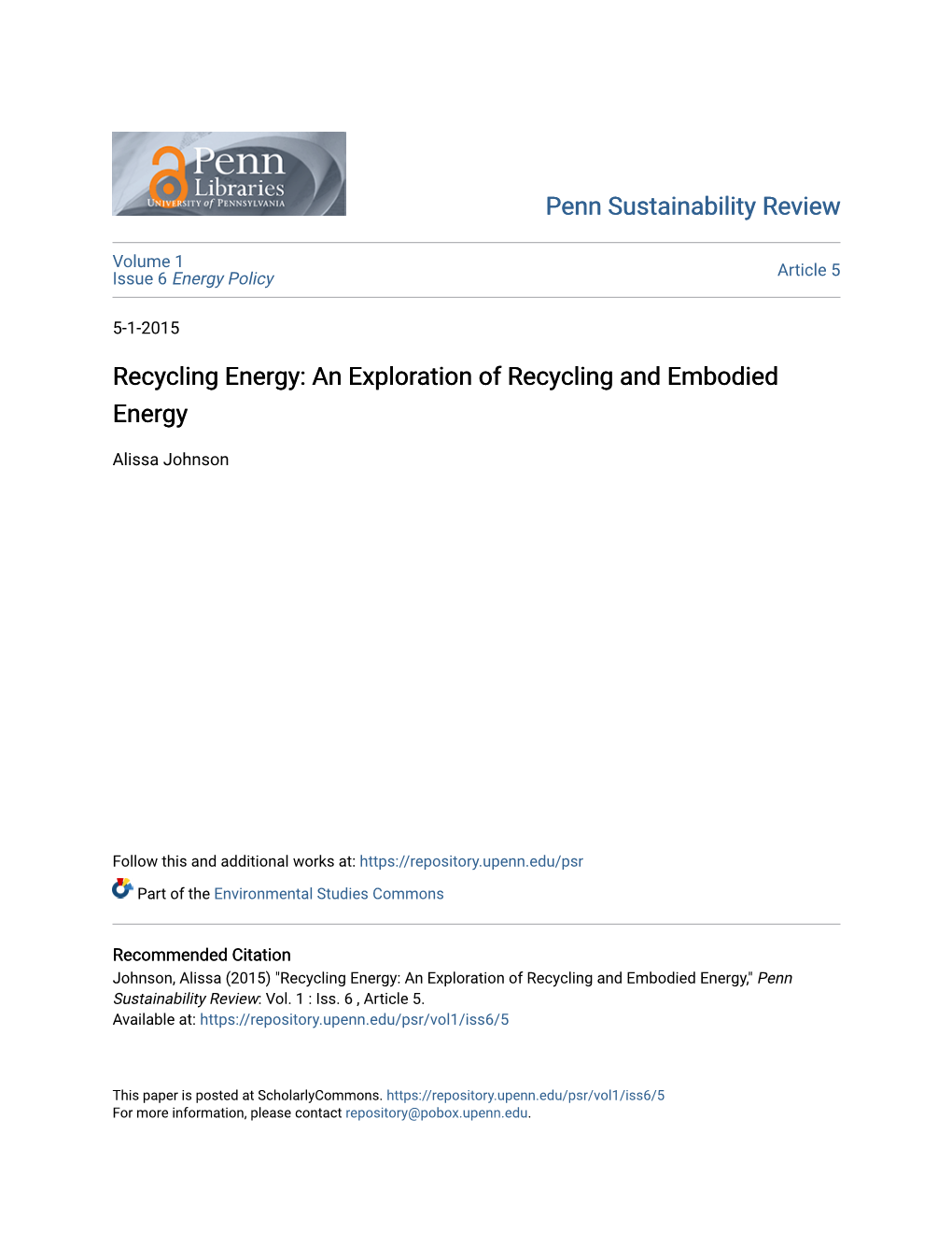 Recycling Energy: an Exploration of Recycling and Embodied Energy