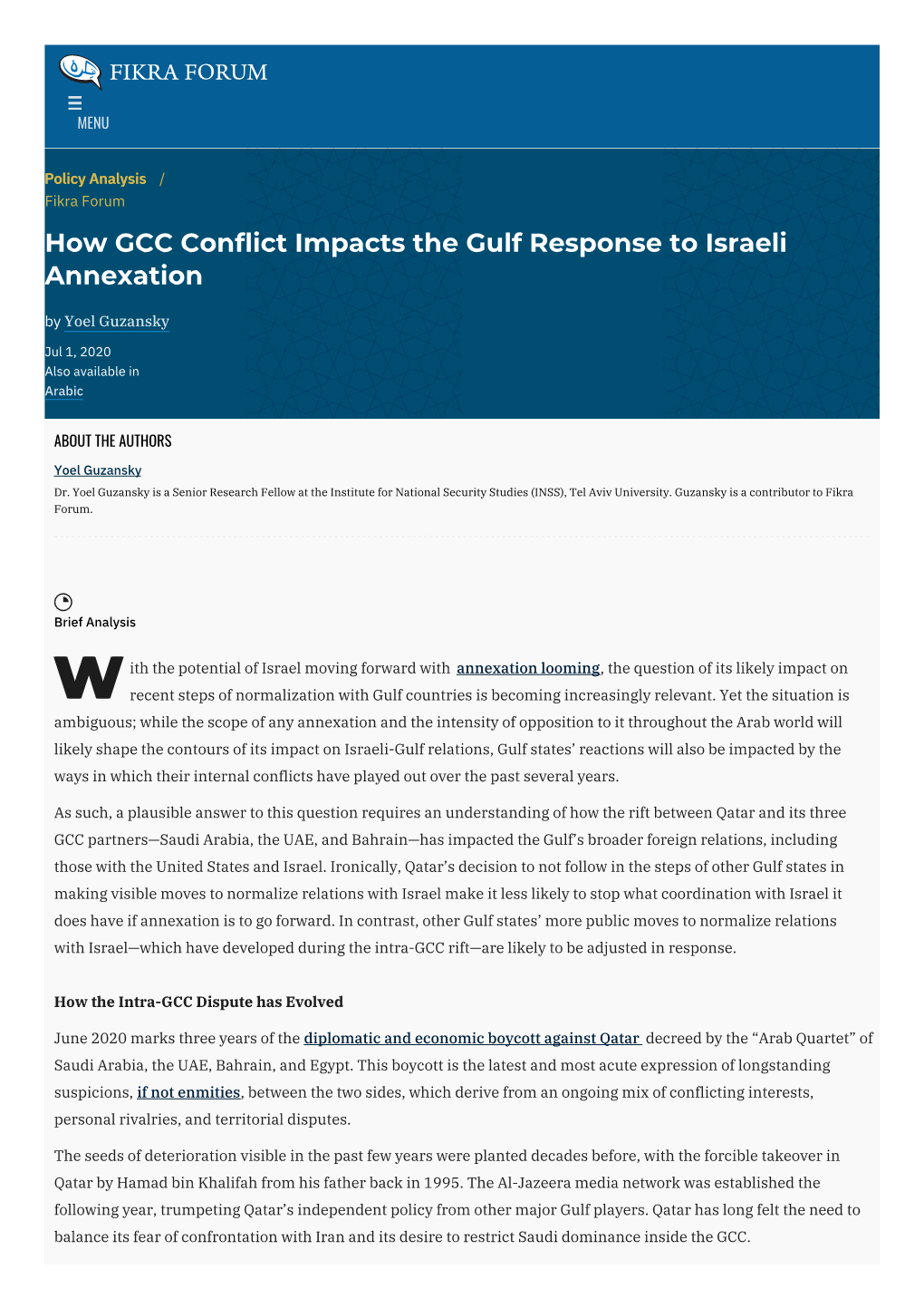 How GCC Conflict Impacts the Gulf Response to Israeli Annexation by Yoel Guzansky