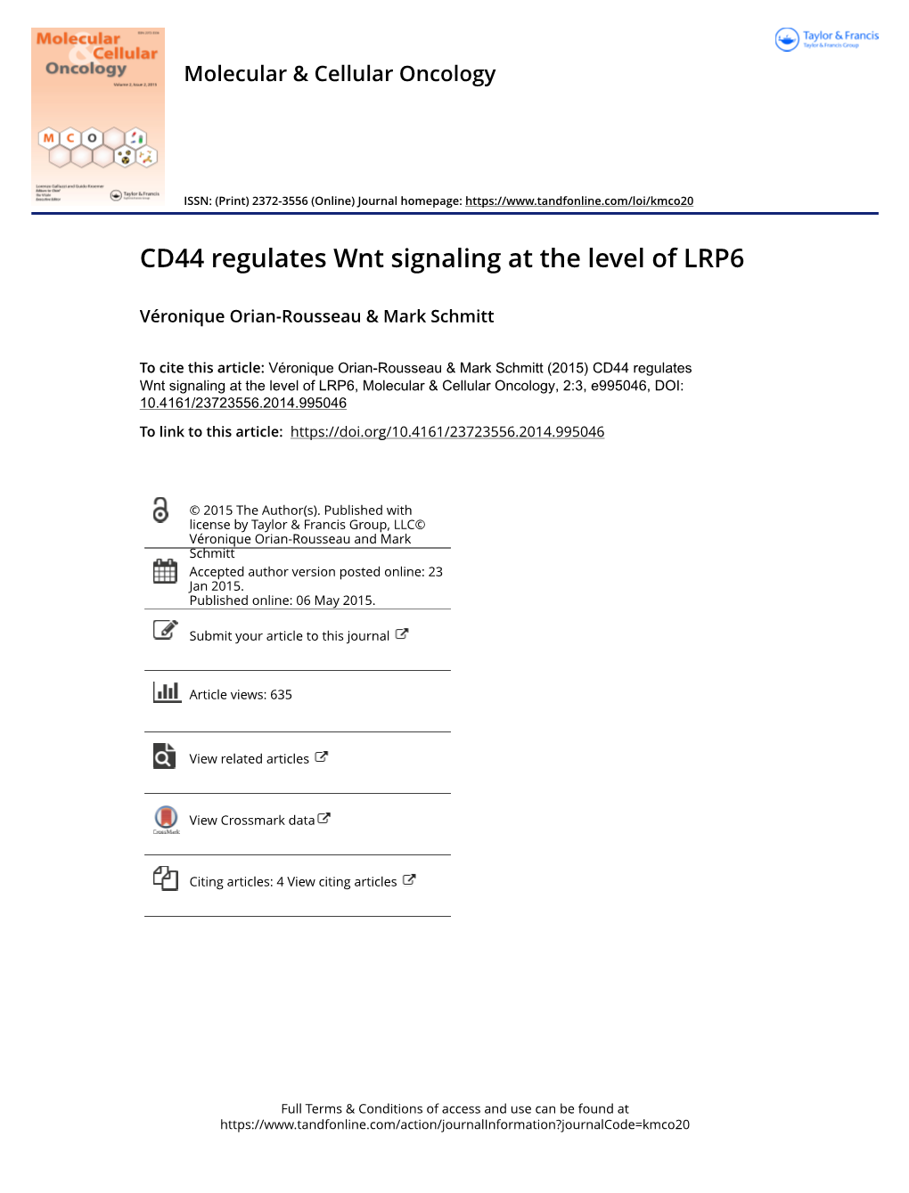 CD44 Regulates Wnt Signaling at the Level of LRP6