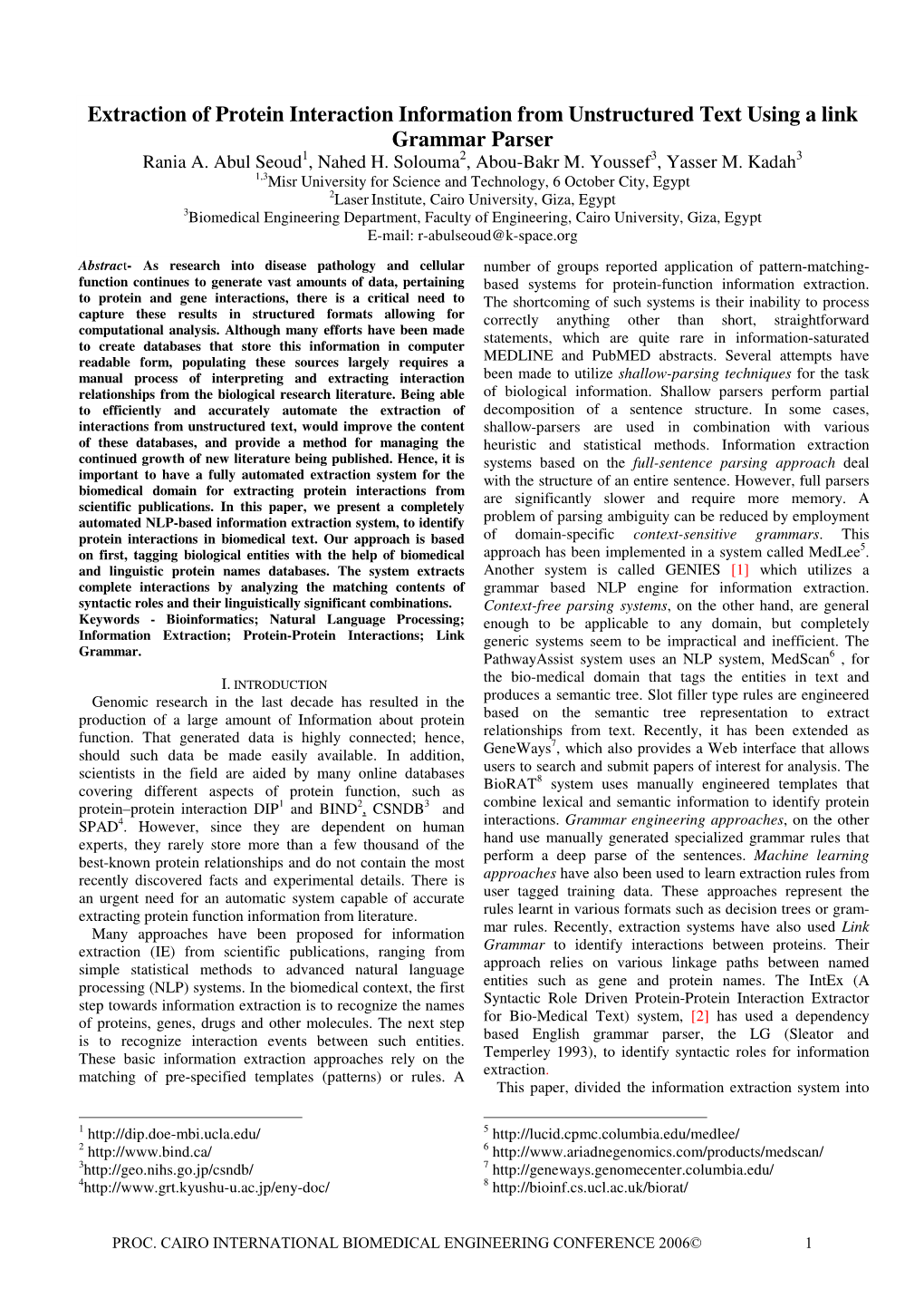 Extraction of Protein Interaction Information from Unstructured Text Using a Link Grammar Parser Rania A