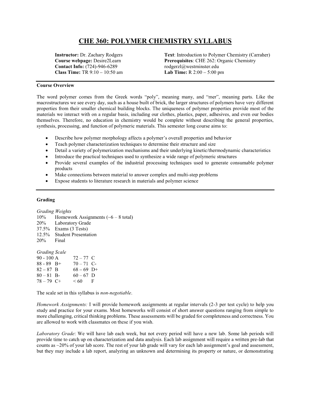 Che 360: Polymer Chemistry Syllabus