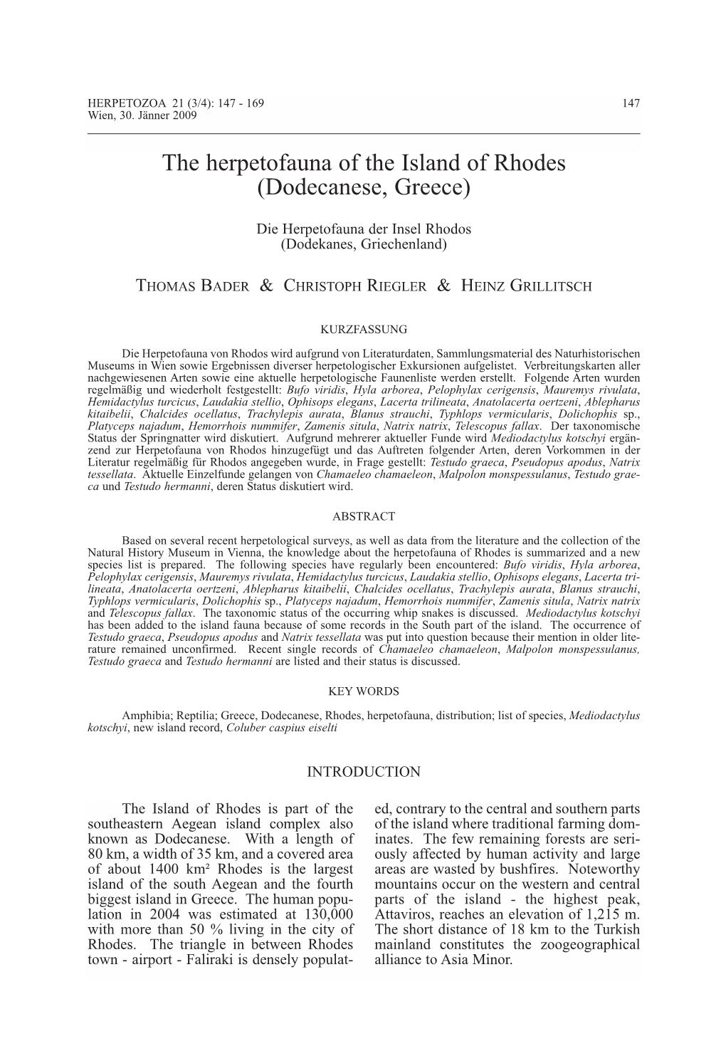 The Herpetofauna of the Island of Rhodes (Dodecanese, Greece)