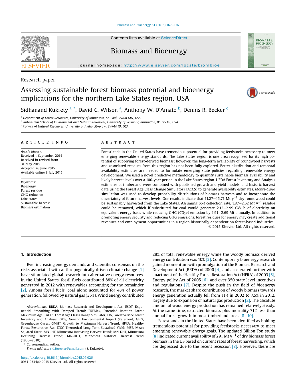 Assessing Sustainable Forest Biomass Potential and Bioenergy Implications for the Northern Lake States Region, USA