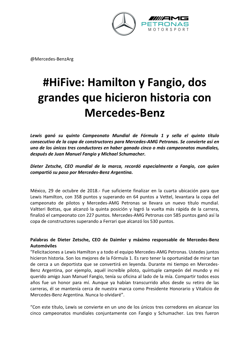 Hifive: Hamilton Y Fangio, Dos Grandes Que Hicieron Historia Con Mercedes-Benz
