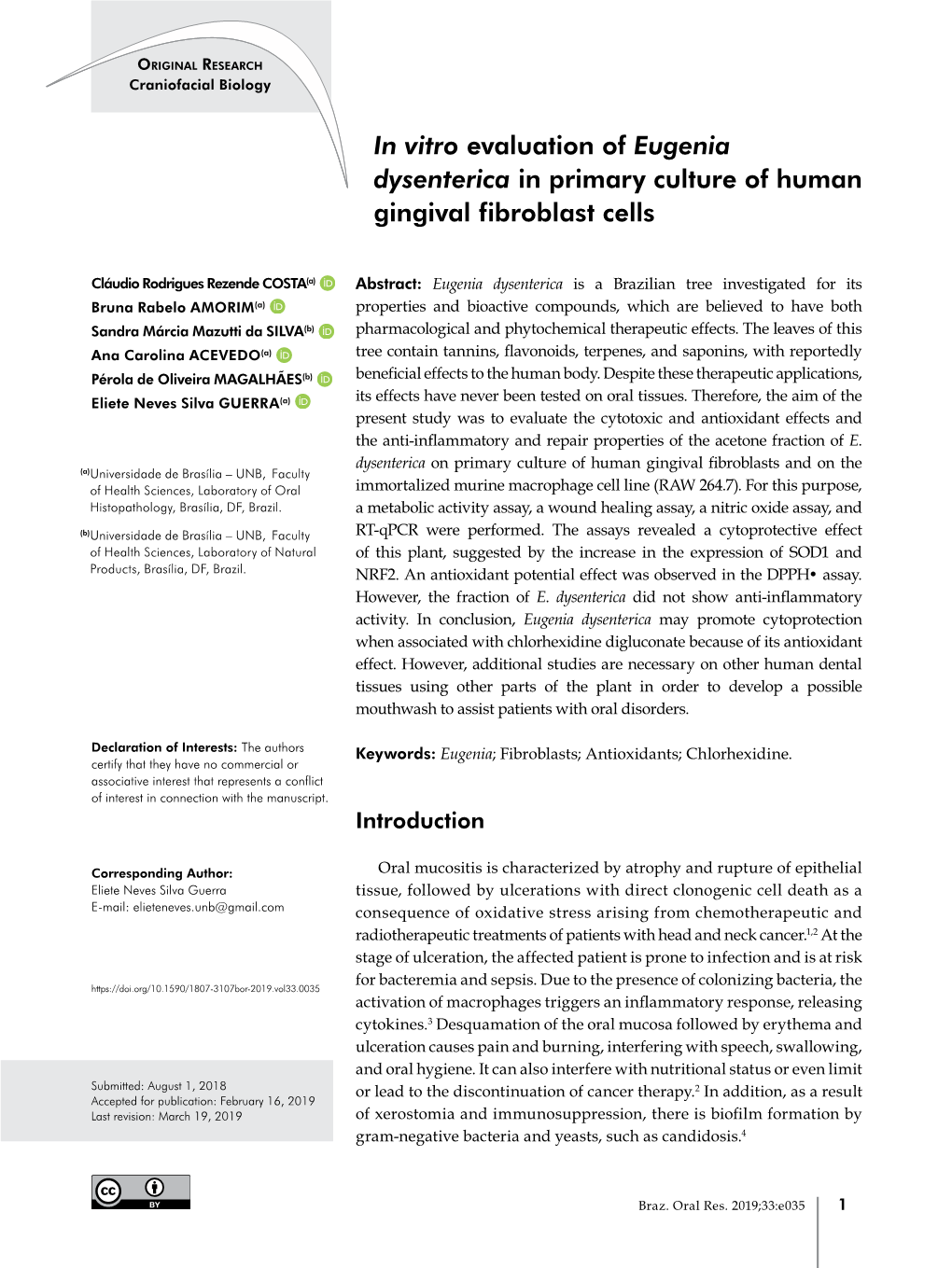 In Vitro Evaluation of Eugenia Dysenterica in Primary Culture of Human Gingival Fibroblast Cells