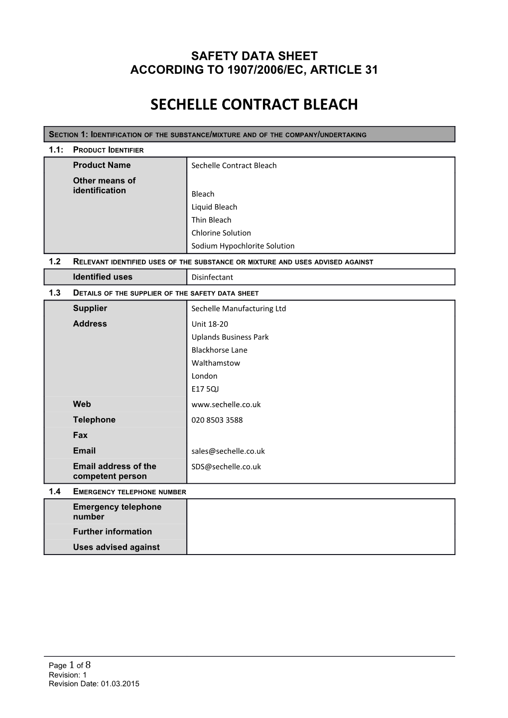 Safety Data Sheet According to 1907/2006/EC, Article 31