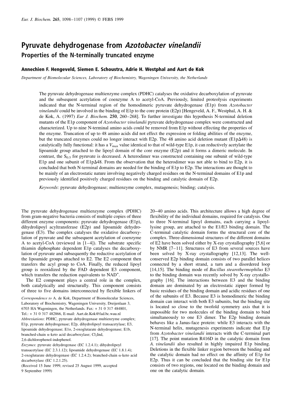 Pyruvate Dehydrogenase from Azotobacter Vinelandii Properties of the N-Terminally Truncated Enzyme