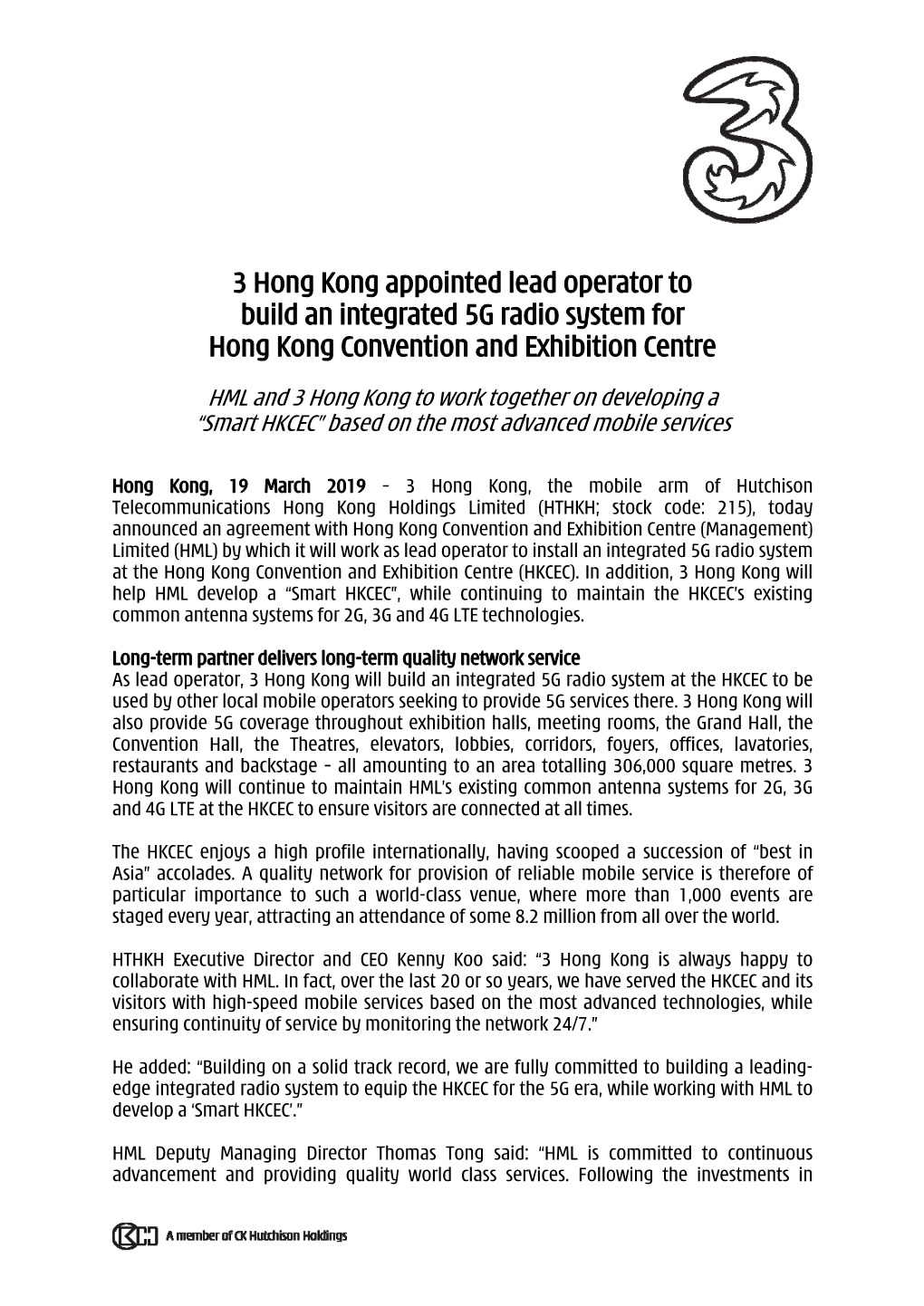 3 Hong Kong Appointed Lead Operator to Build an Integrated 5G Radio System for Hong Kong Convention and Exhibition Centre