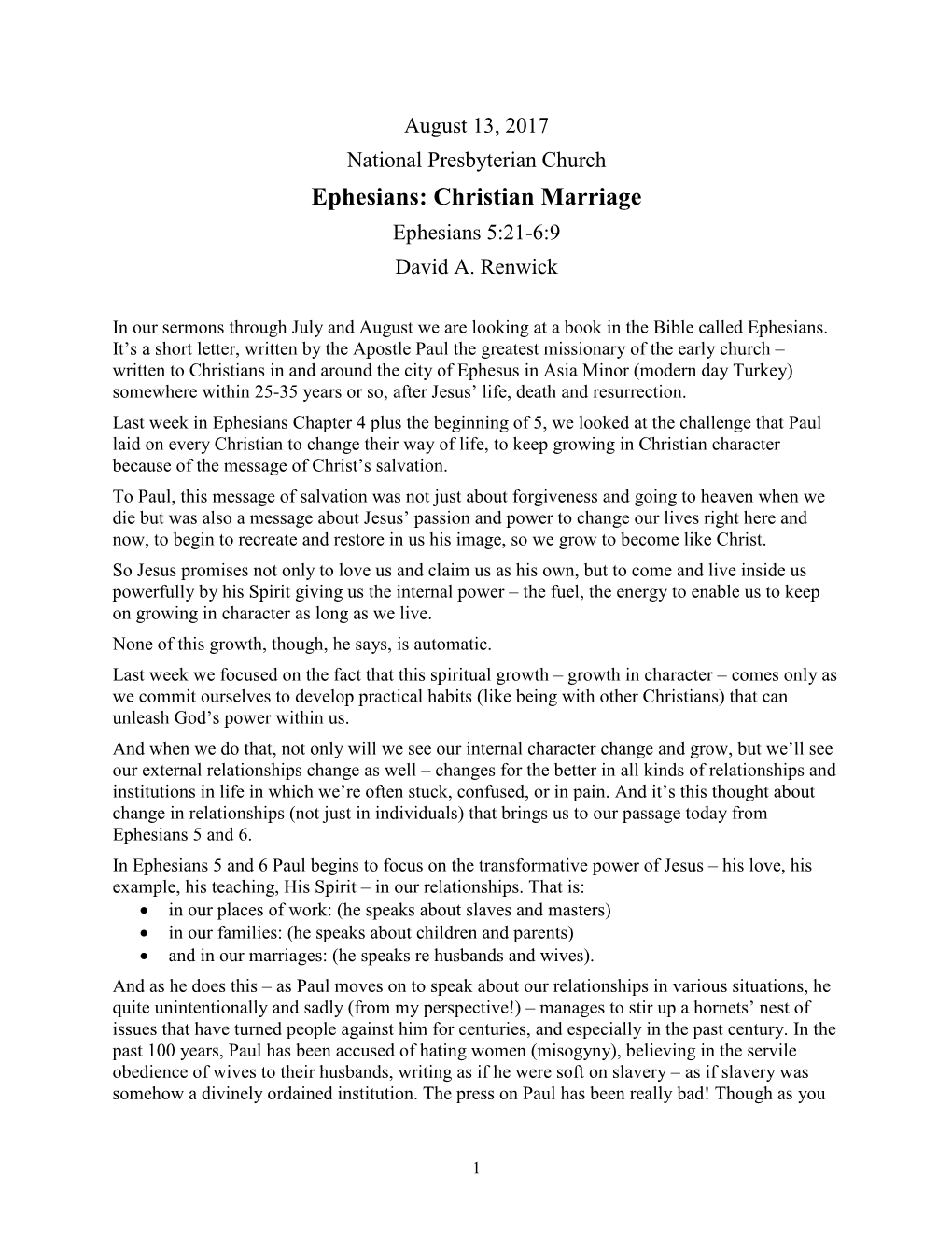 Ephesians: Christian Marriage Ephesians 5:21-6:9 David A