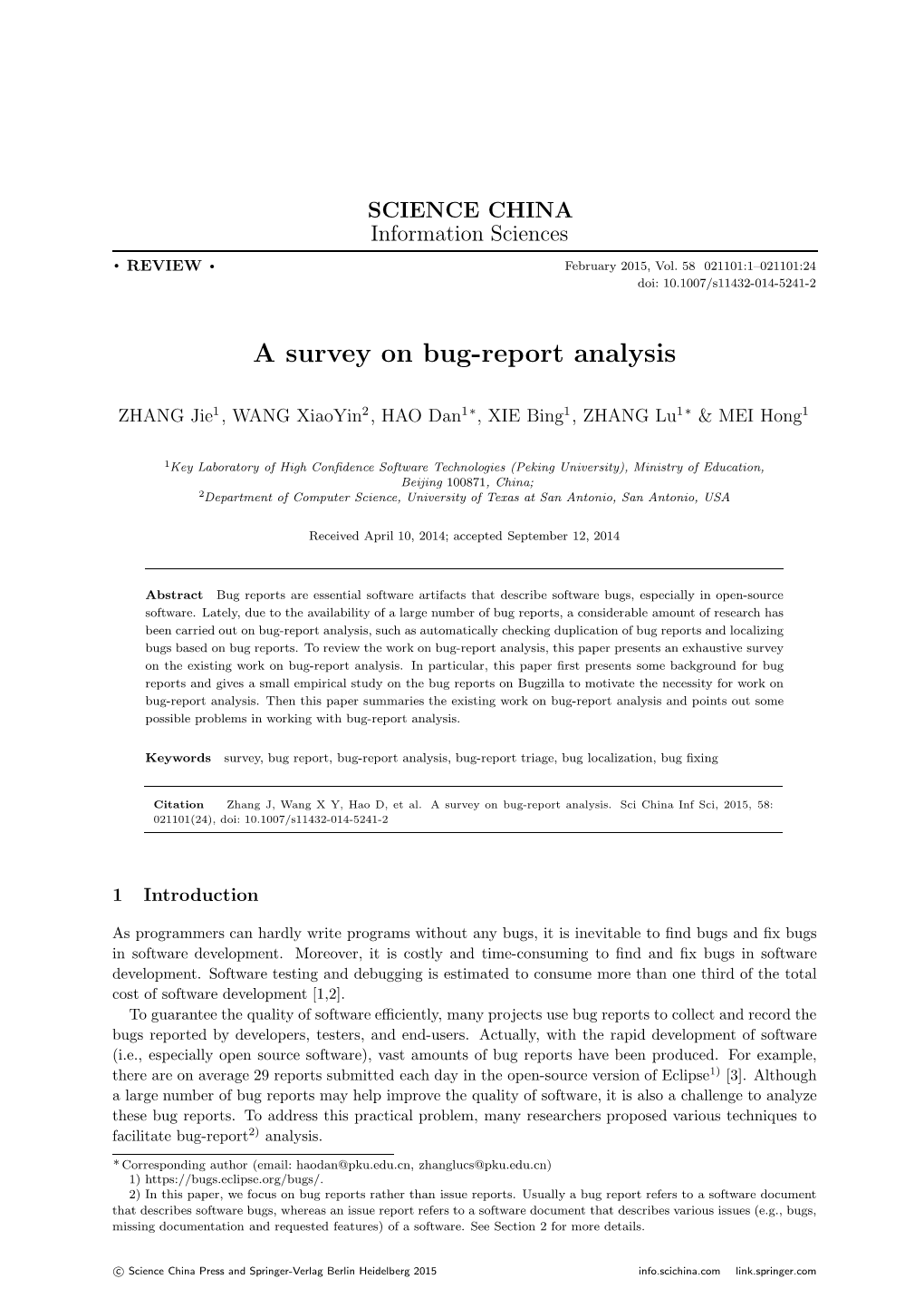 A Survey on Bug-Report Analysis.Scichinainfsci,2015,58: 021101(24), Doi: 10.1007/S11432-014-5241-2