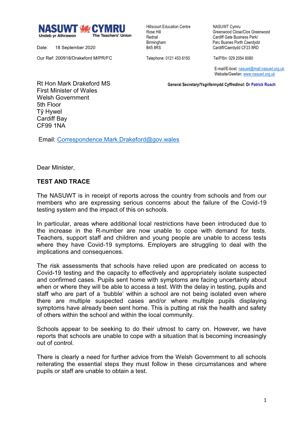 Letter to First Minister Mark Drakeford