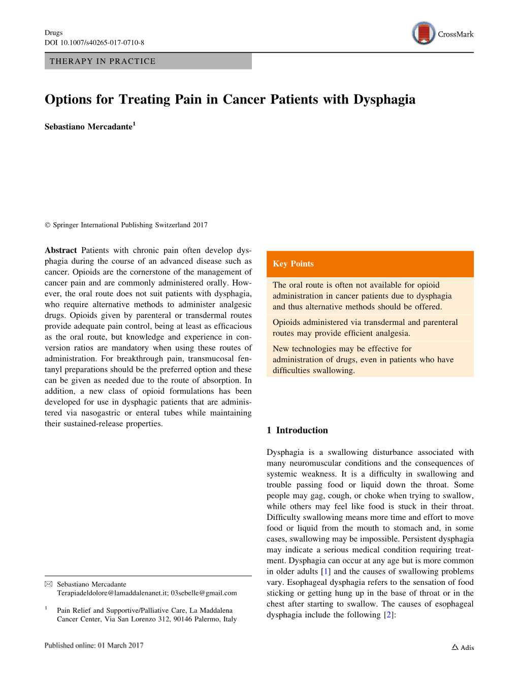 Options for Treating Pain in Cancer Patients with Dysphagia