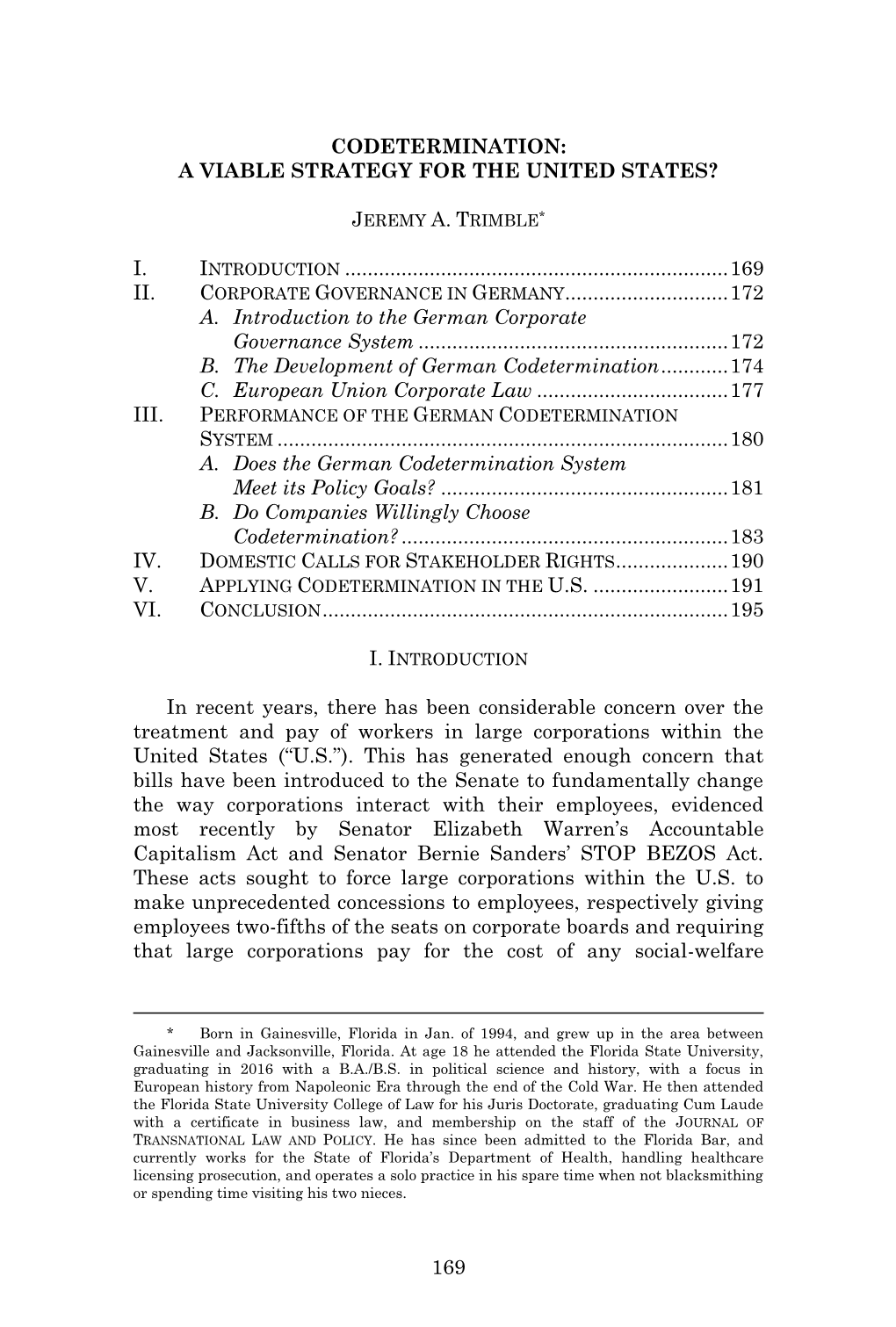 Codetermination: a Viable Strategy for the United States?