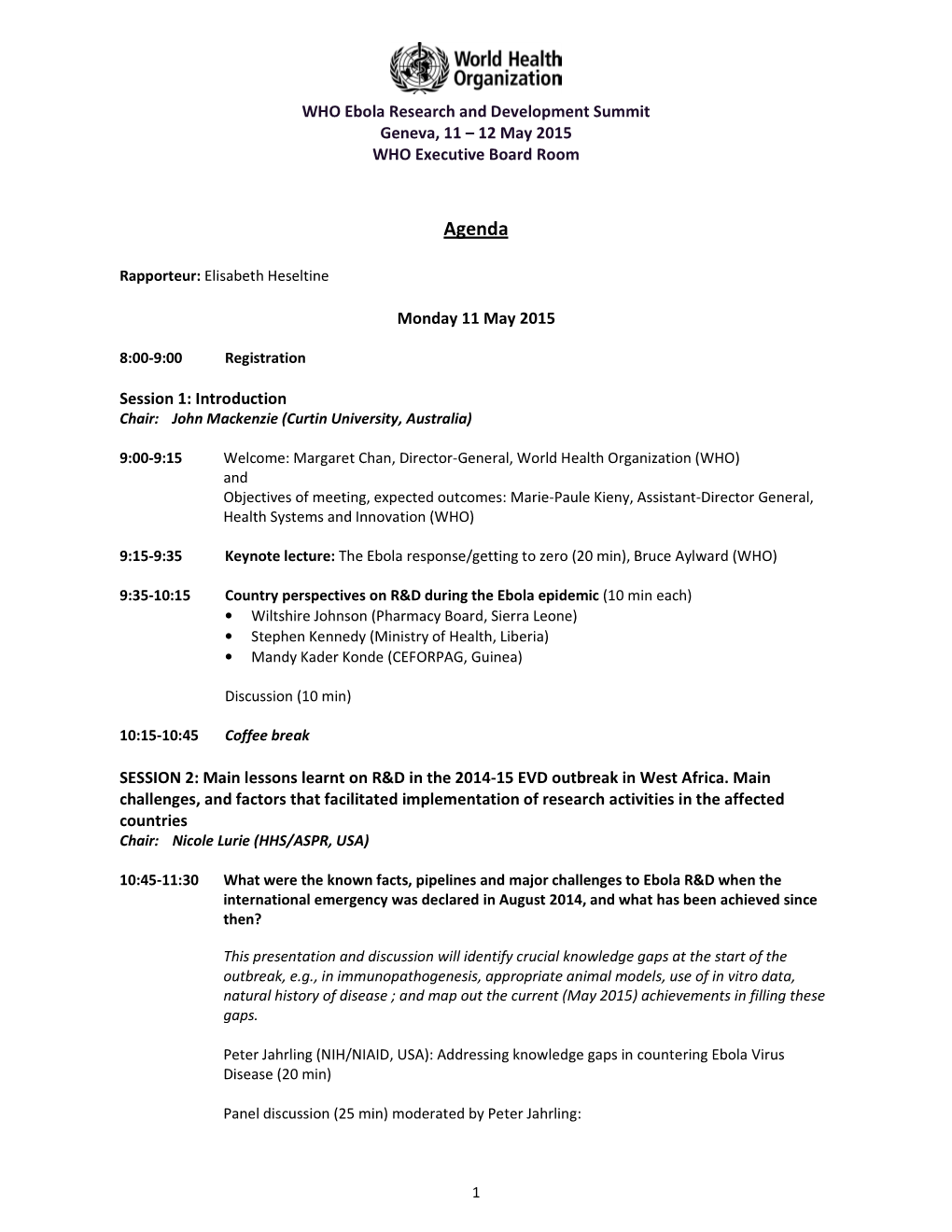 Agenda, WHO Ebola Research and Development Summit