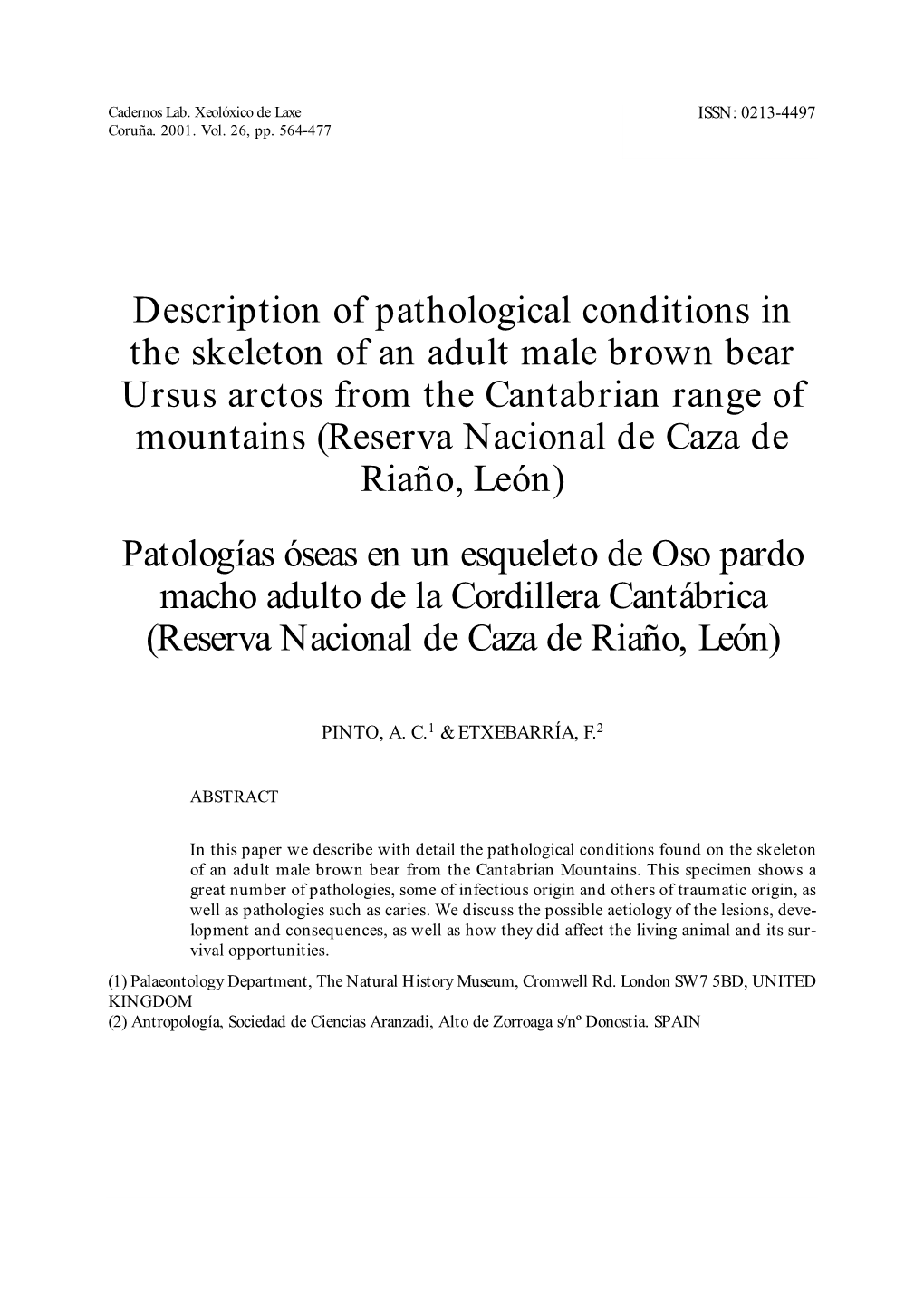 Description of Pathological Conditions in the Skeleton of an Adult Male Brown Bear Ursus Arctos from the Cantabrian Range Of