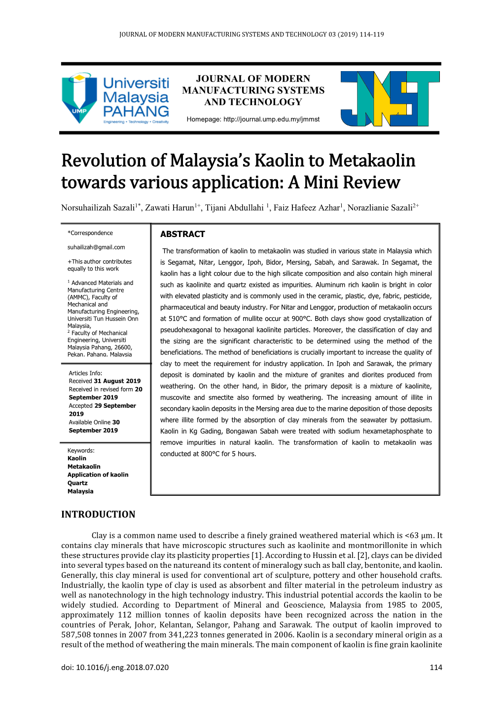 Revolution of Malaysia's Kaolin to Metakaolin Towards Various