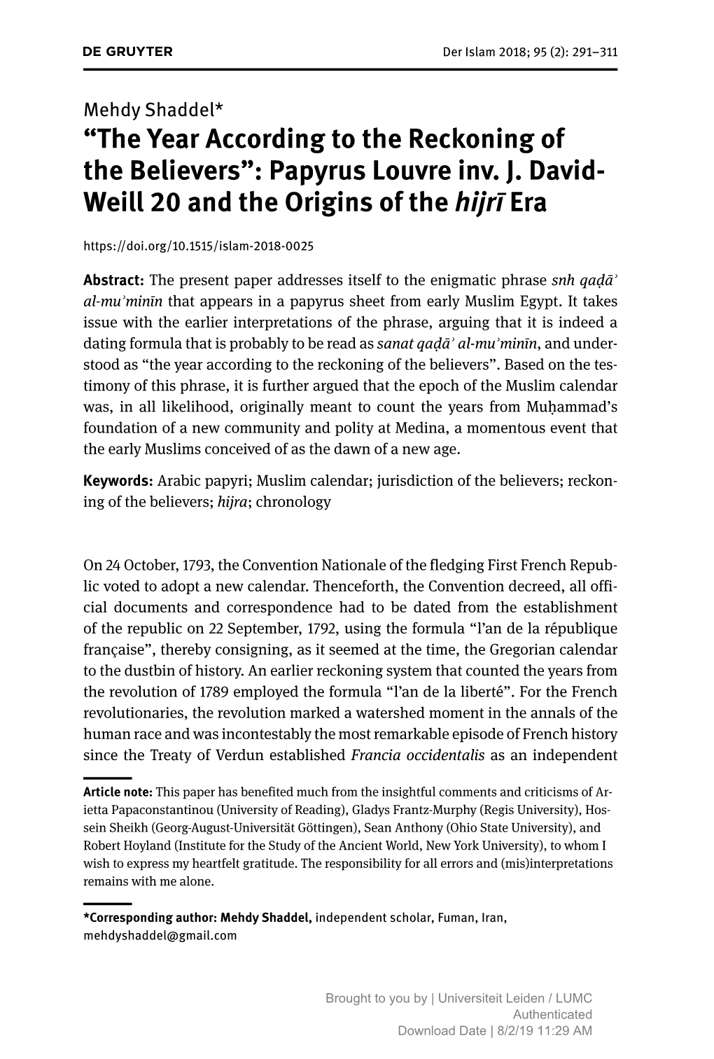 “The Year According to the Reckoning of the Believers”: Papyrus Louvre Inv. J. David- Weill 20 and the Origins of the Hijrī