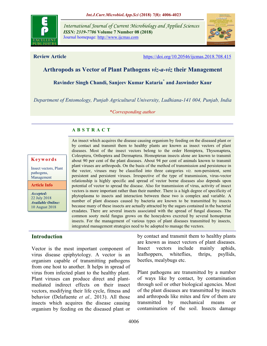 Arthropods As Vector of Plant Pathogens Viz-A-Viz Their Management