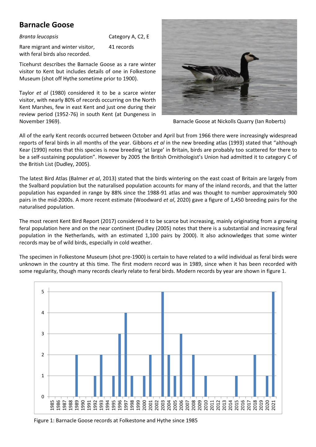 Barnacle Goose Branta Leucopsis Category A, C2, E Rare Migrant and Winter Visitor, 41 Records with Feral Birds Also Recorded