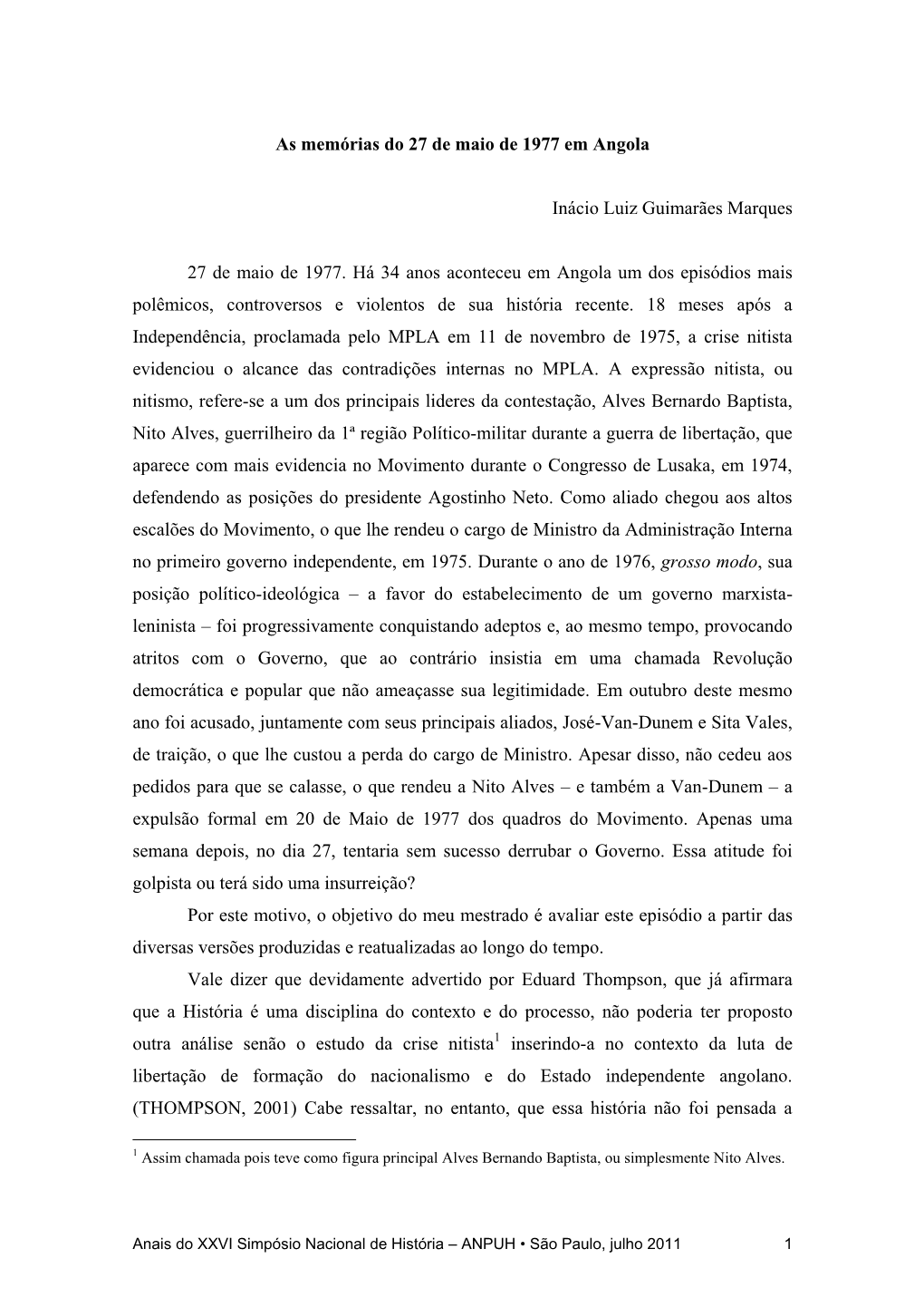 As Memórias Do 27 De Maio De 1977 Em Angola