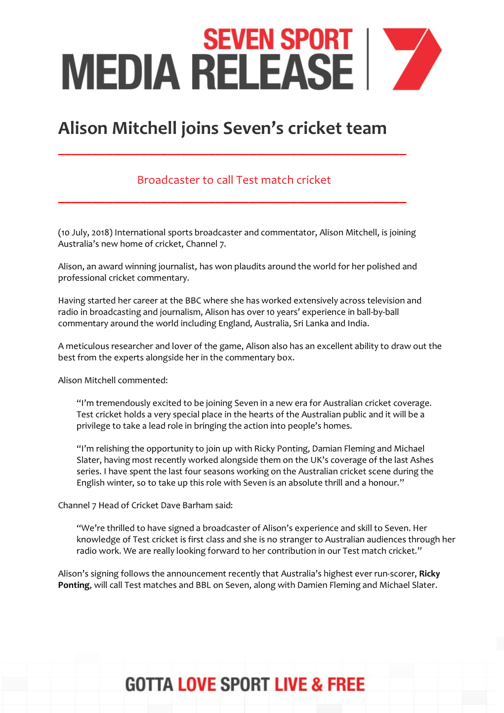 Alison Mitchell Joins Seven's Cricket Team