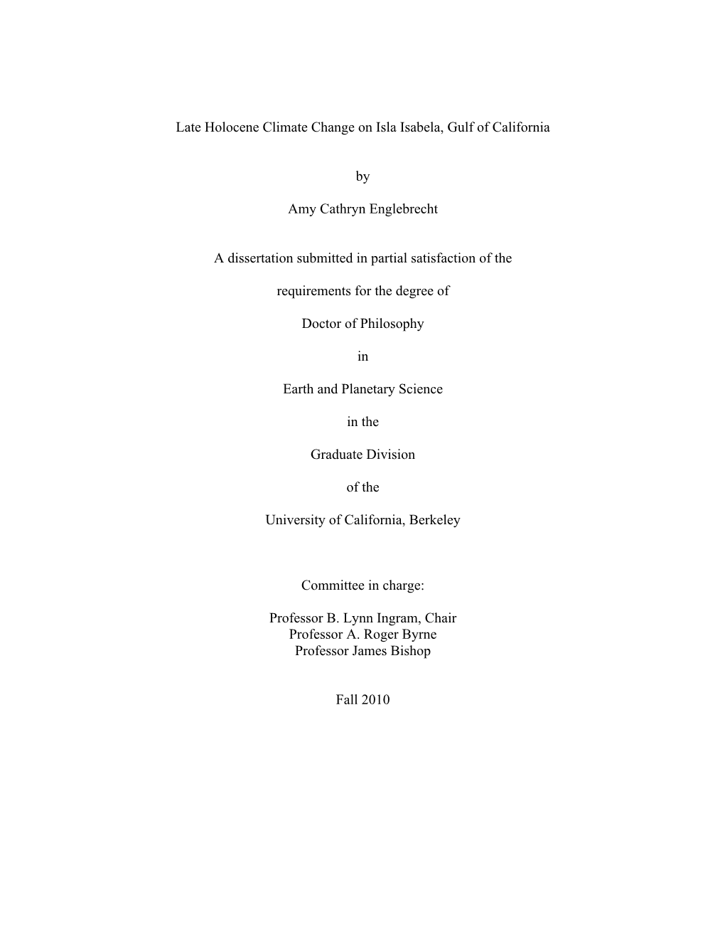 Late Holocene Climate Change on Isla Isabela, Gulf of California By