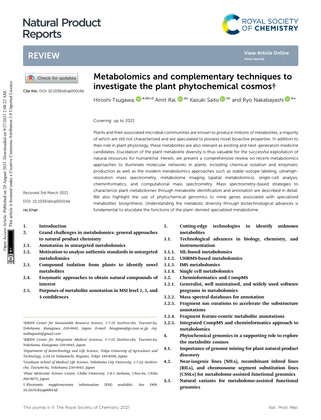 Metabolomics and Complementary Techniques to Investigate the Plant